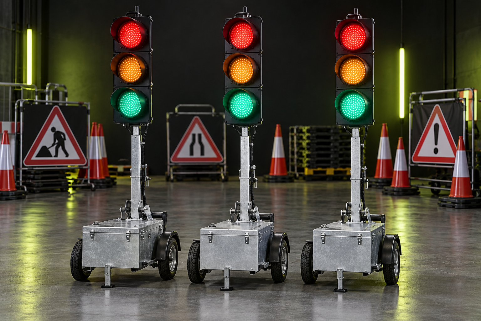 Illustrative set of three portable UK traffic signals with traffic management equipment; exact Pike equipment and kit contents to be confirmed.