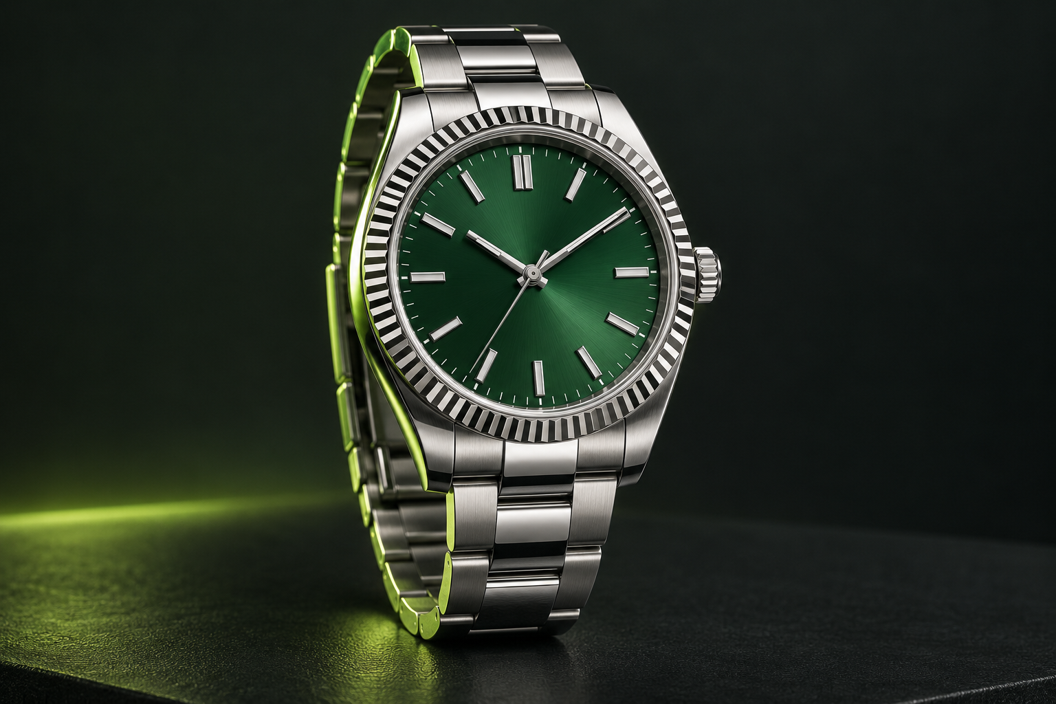 Illustrative luxury stainless steel watch with green dial; exact Rolex model to be confirmed.