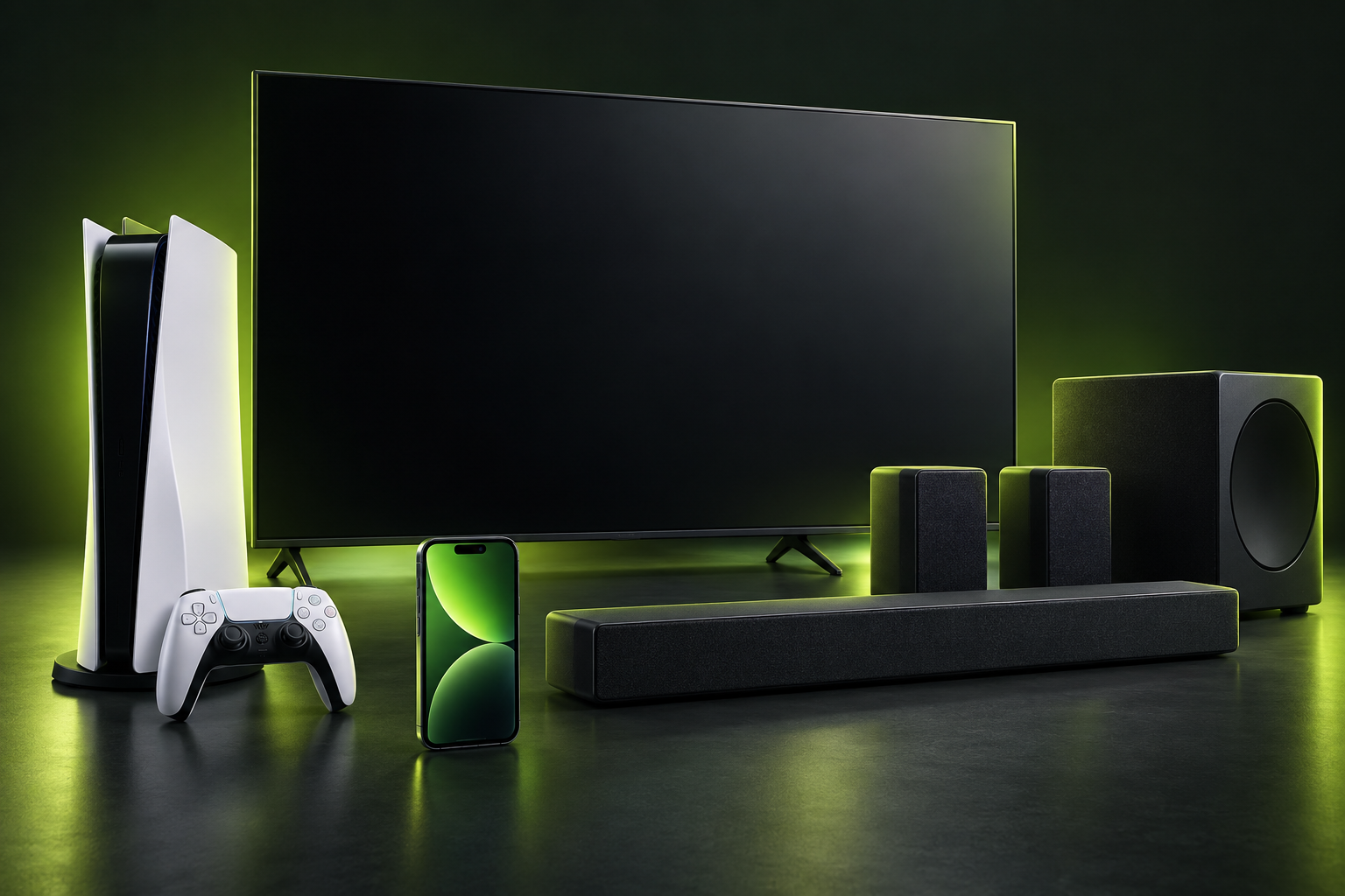 Illustrative TV, PlayStation 5-style console and controller, surround sound speakers and iPhone-style handset; final models to be confirmed.